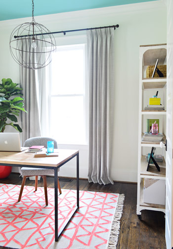 Gray Curtains In Modern Office With Skydive Blue Ceiling And Pink Rug