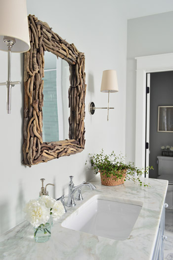 Driftwood Vanity Mirror With Marble Counter In Modern Bathroom