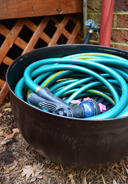 Garden Hose Coiled In Oil Rubbed Bronze Hose Pot From Lowe's Outdoor Organization