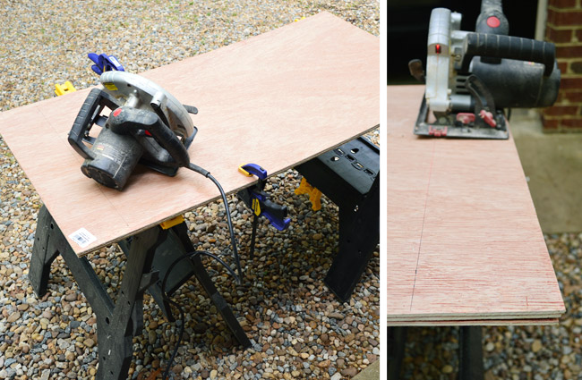 clamping together plywood pieces and using a circular saw to cut them all at once to ensure consistent size