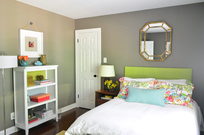 Colorful guest bedroom with deep gray walls Sparrow by Benjamin Moore