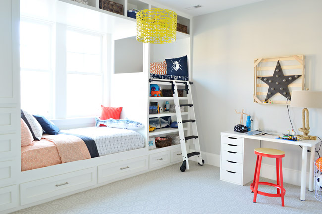 Boys Bedroom With Built-In Bed And Lofted Seeating Area