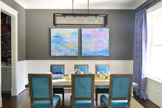 Modern Dining Room With Chevron Wainscot And Blue Upholstered Dining Chairs