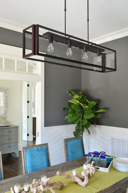 Glass Chandelier In Modern Dining Room With Kendall Charcoal Walls