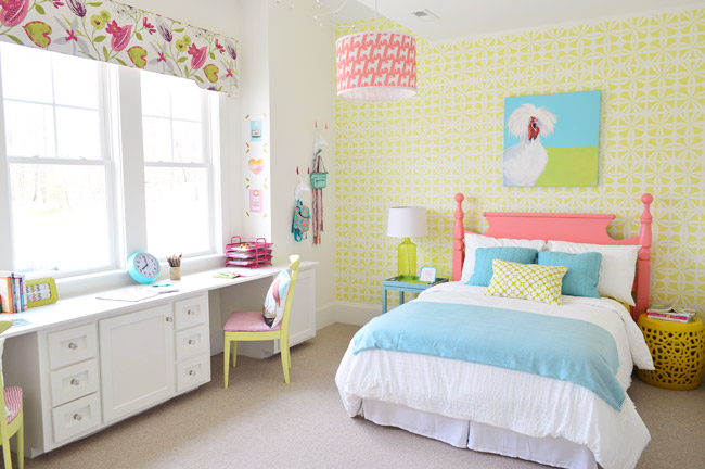 Colorful Neon Girls Bedroom With Pink Headboard And Green Stencil Wall Treatment