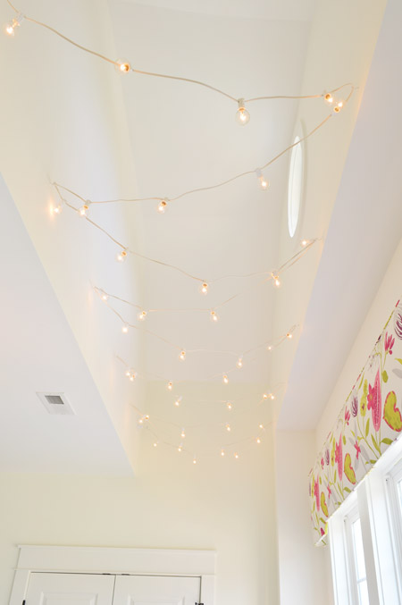 Fairy String Cafe Lights Hung In Area Above Girls' Desk
