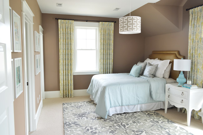 Guest Bedroom With Green Curtains and Taupe Fedora Walls