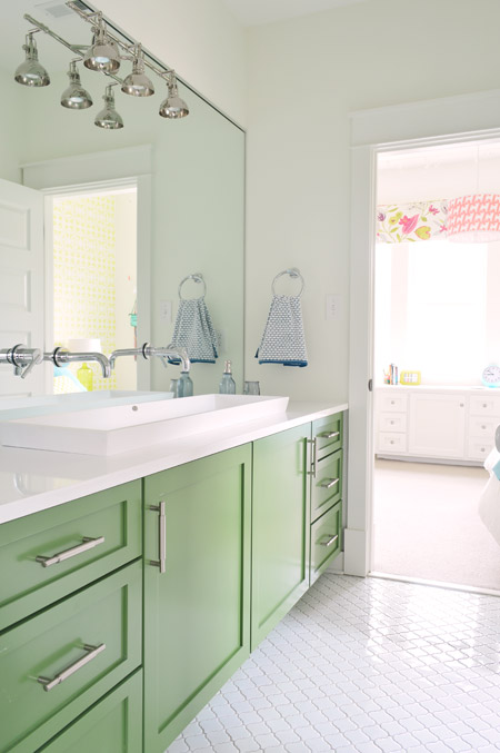 Large Vanity In Jack And Jill Bathroom Painted Courtyard Green With Large Mirror