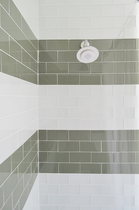 Striped Subway Tile Shower Effect Using Two Different Glass Tiles