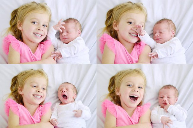 Collage of Big Sister And Baby Brother During Newborn Photo Shoot