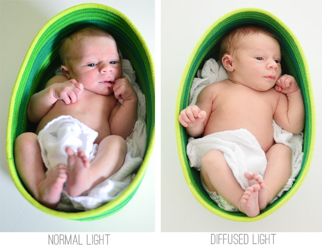 Side By Side Comparison Of Normal Harsh Light And Diffused Light For DIY Newborn Photos