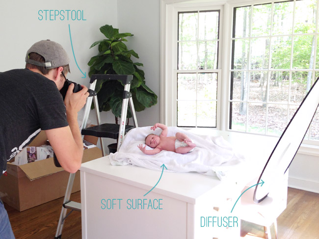 Materials And Tools For Homemade DIY Newborn Photo Shoot | Step Stool | Soft Surface | Diffuser