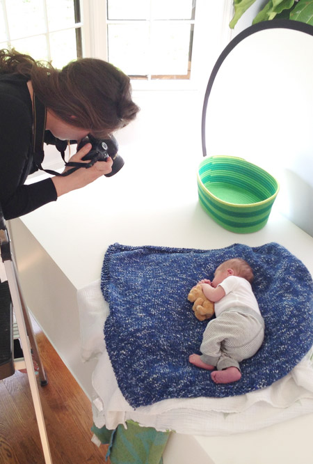 Sherry Taking Photo Of Infant Son On Blue Homemade Blanket With Teddy Bear