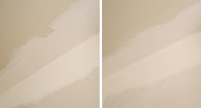 before and after side by side of rough drywall mud sanded smooth