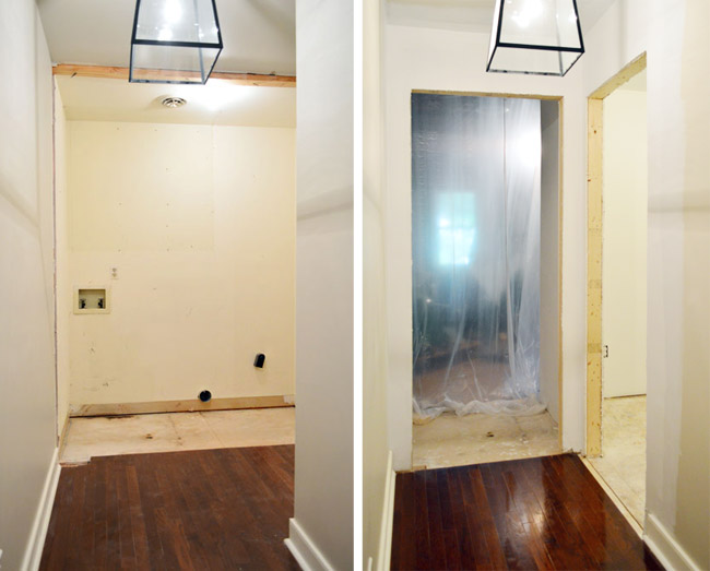 before and after side by side of old laundry room and new drywalled doorway